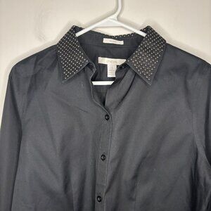 CHICO'S No Iron Long Sleeve Button Up Blouse Womens M Black Rhinestone Holiday